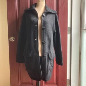 Kate Hill Long Cardigan Women M Black Wool Collar Horn Buttons Felted Lagenlook